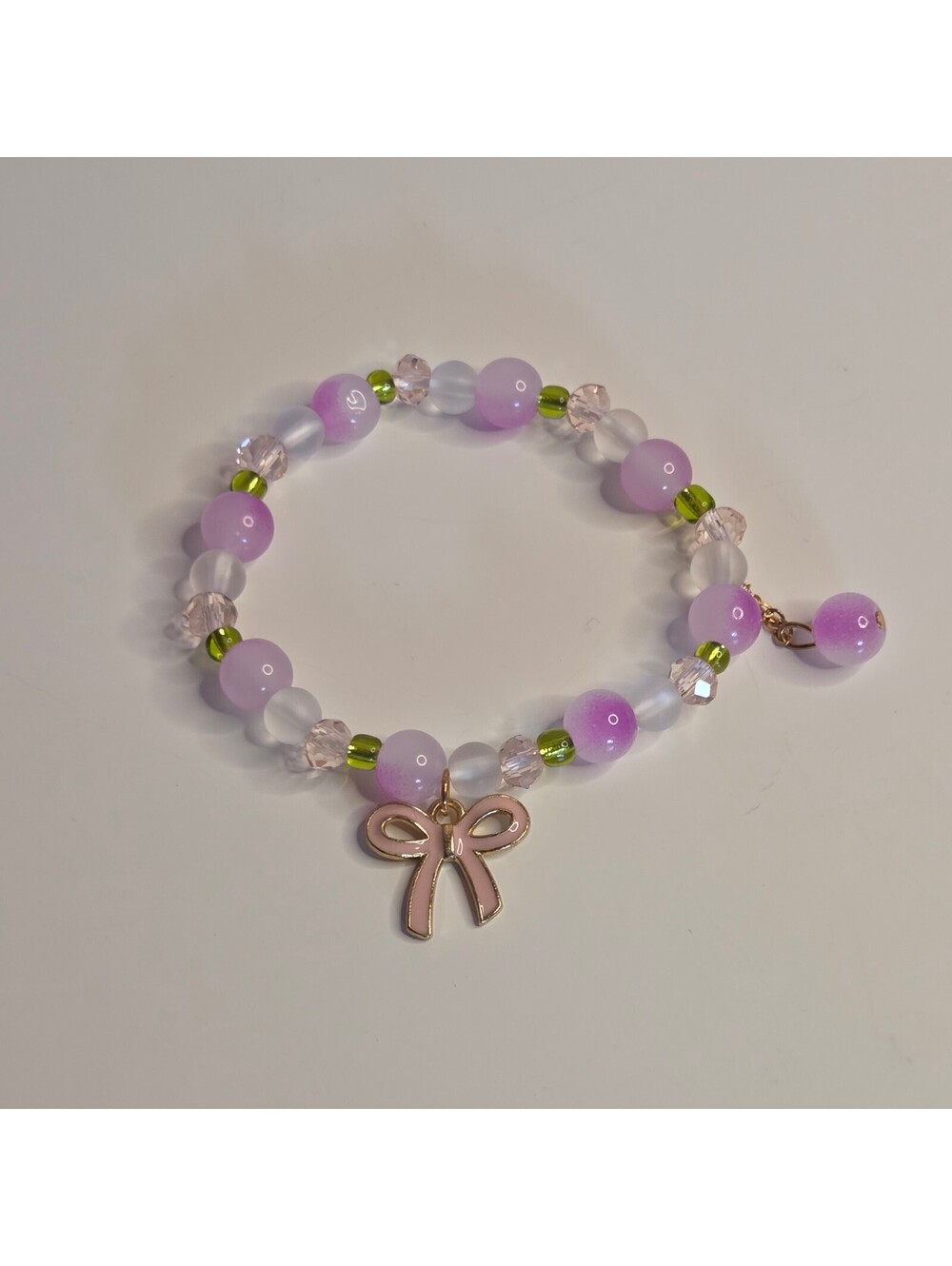 Pink and Green Beaded Bracelet w/ Ribbon Charm Girly Y2K Coquette Fairy